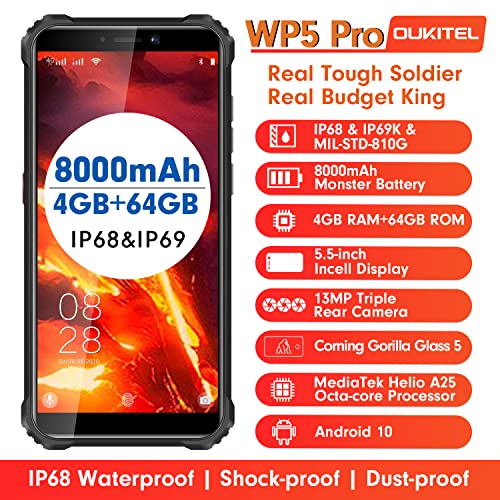 OUKITEL WP5 Pro Rugged Unlocked Smartphone, 5.5''HD+ Screen, 8000mAh Battery Rugged Cell Phone, 4GB+64GB Android, IP68 Waterproof 4G LTE Dual Cellphone, Face ID Fingerprint GPS