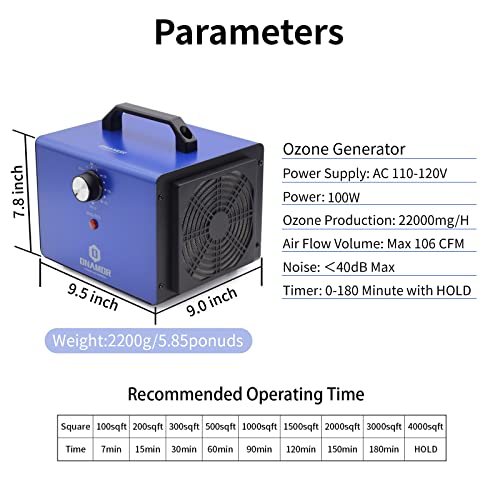 Ozone Generator 22000 mg/h - Ozone Machine Ionizer & O3 Deodorizer for Home, Basement, Smoke, and Pet Room. (Blue)