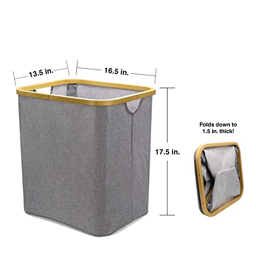 BROOKSTONE, Large Laundry Hamper with Handles, Stylish Bamboo Trim, Dirty Clothes Hamper Basket, Perfectly Sized at 17.25” X 16.25” X 13.25, Use as Storage Organizer, Save Space in Bedroom / Bathroom