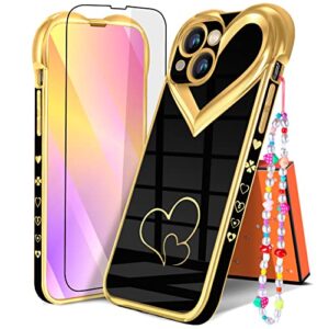 flafens (3in1 black love heart case for iphone 13 6.1" for women girls cute aesthetic girly luxury pretty plating hearts pattern phone cases cover with chain+screen protector for iphone 13 6.1 inches