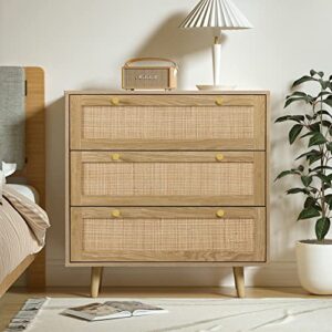 anmytek modern rattan wood chest of 3 drawer dresser with spacious storage for bedroom living room h0027, rustic oak