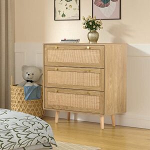 Anmytek Modern Rattan Wood Chest of 3 Drawer Dresser with Spacious Storage for Bedroom Living Room H0027, Rustic Oak