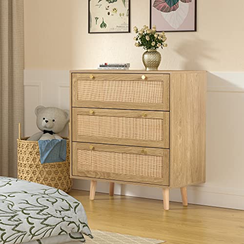 Anmytek Modern Rattan Wood Chest of 3 Drawer Dresser with Spacious Storage for Bedroom Living Room H0027, Rustic Oak