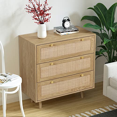 Anmytek Modern Rattan Wood Chest of 3 Drawer Dresser with Spacious Storage for Bedroom Living Room H0027, Rustic Oak