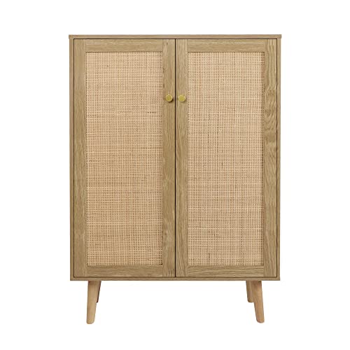 Anmytek Rattan Cabinet, 44" H Tall Sideboard Storage Cabinet with Crafted Rattan Front, Entry Cabinet Wood 2 Door Accent Cabinet with Adjustable Shelves Rustic Oak, H0030