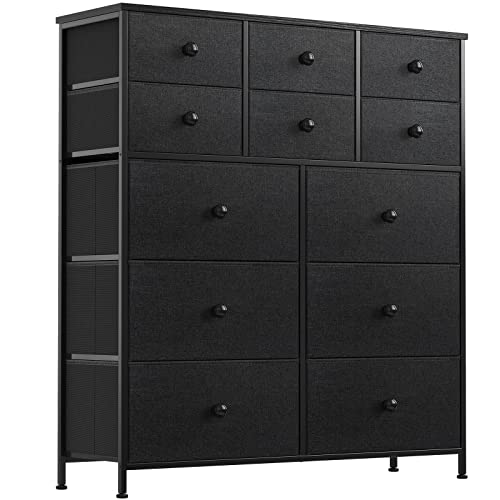 REAHOME 12 Drawer Dresser for Bedroom Chest of Drawers Closets Large Capacity Organizer Tower Steel Frame Wooden Top Living Room Entryway Office (Black Grey) YLZ12B8