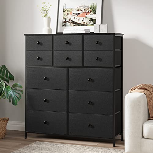 REAHOME 12 Drawer Dresser for Bedroom Chest of Drawers Closets Large Capacity Organizer Tower Steel Frame Wooden Top Living Room Entryway Office (Black Grey) YLZ12B8