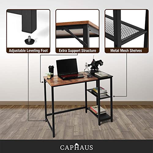 CAPHAUS Computer Desk, 40 Inch Home Office Desk, Study Writing Desk with 2-Tier Storage Shelves, Simple Industrial Modern Laptop Workstation with Splice P2 Grade Wooden Board, Rustic Oak and Black