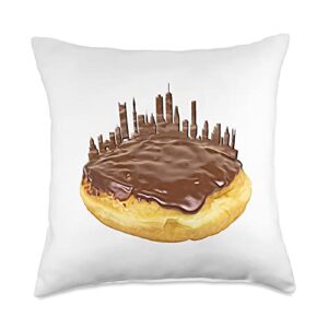 city doughnut designs funny boston cream donut skyline a bawston townie throw pillow, 18x18, multicolor