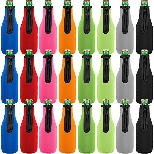 24 Pcs Beer Bottle Sleeves Bottle Insulators Can Cooler Sleeves Neoprene Zip up Can Covers Multicolor Thick Bottles Sleeves with Stitched Fabric Edges Enclosed Bottom for Summer Parties