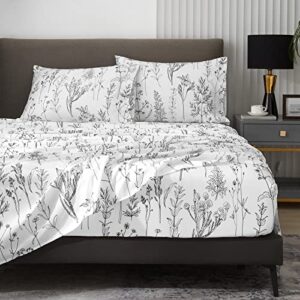 hyprest floral bed sheets king size, 18 inches deep pocket sheets 1800 thread count, black and white leaf sheet set soft breathable cute aesthetic sheets shabby chic bed sheets,oeko-tex certificated