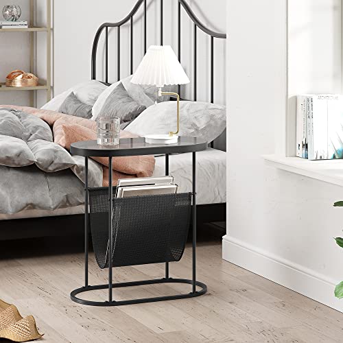 Yusong Tempered Glass End Table for Small Space, Narrow Oval Side Tables Living Room, Little Skinny Bedside Table Slim Nightstand with Magazine Holder for Bedroom, Black