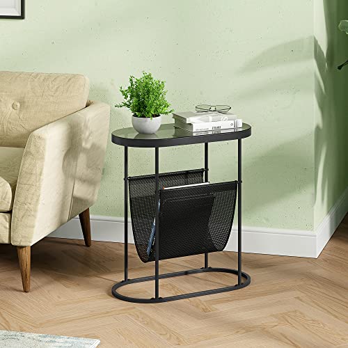 Yusong Tempered Glass End Table for Small Space, Narrow Oval Side Tables Living Room, Little Skinny Bedside Table Slim Nightstand with Magazine Holder for Bedroom, Black