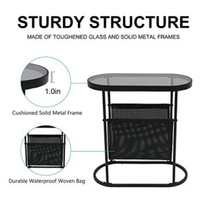 Yusong Tempered Glass End Table for Small Space, Narrow Oval Side Tables Living Room, Little Skinny Bedside Table Slim Nightstand with Magazine Holder for Bedroom, Black