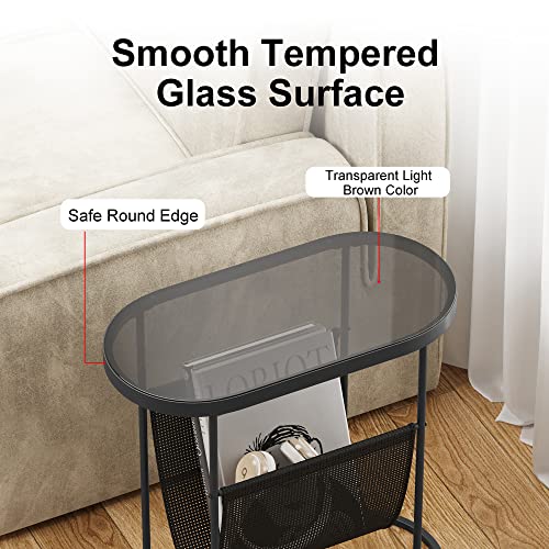 Yusong Tempered Glass End Table for Small Space, Narrow Oval Side Tables Living Room, Little Skinny Bedside Table Slim Nightstand with Magazine Holder for Bedroom, Black