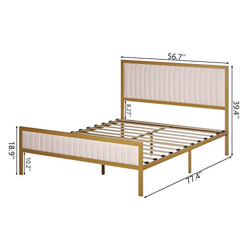 Full Size Bed Frame, Velvet Upholstered Platform Bed Frame Full Size, Golden Metal Bed Frame with Headboard and Footboard, Wooden Slat Support/Mattress Foundation/No Box Spring Needed, Golden/Beige