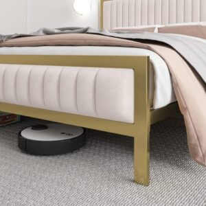 Full Size Bed Frame, Velvet Upholstered Platform Bed Frame Full Size, Golden Metal Bed Frame with Headboard and Footboard, Wooden Slat Support/Mattress Foundation/No Box Spring Needed, Golden/Beige