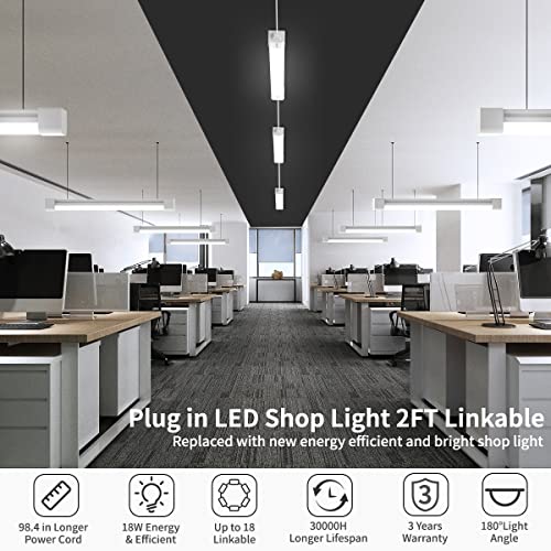 Airand LED Shop Light 2FT/4FT - Plug in Utility LED Shop Light for Garage with 98 inch Power Cord, 18W Waterproof 5000K Daylight 1800LM Linkable Ceiling Light Fixture for Workbench Basement Bathroom