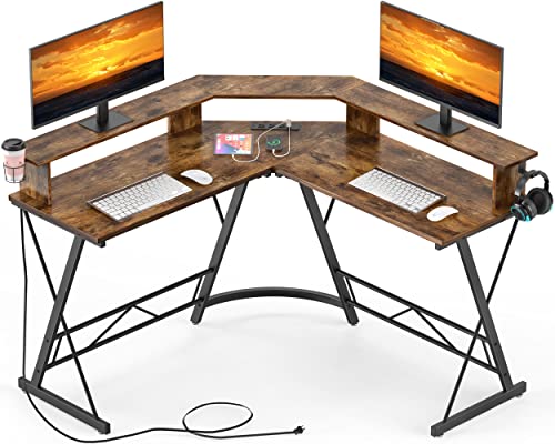 Mr IRONSTONE L Shaped Desk with Power Outlet 50" Computer Desk with Large Monitor Stand, Corner Desk Home Office Workstation Desks, Modern Simple Style Writing Table Desk