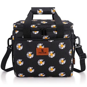 hafmall insulated lunch bag for women, 18 cans leakproof lunch cooler bag with shoulder strap, adult lunch boxes for women for work/picnic, black+daisy