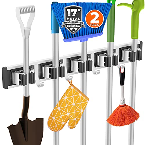 reliahom 2 Pack Broom Holder Mop Hanger Wall Mount Metal Organization Garage Storage System Garden Kitchen Tool Organizer(5 Racks with 4 Hooks, Black)