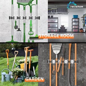 reliahom 2 Pack Broom Holder Mop Hanger Wall Mount Metal Organization Garage Storage System Garden Kitchen Tool Organizer(5 Racks with 4 Hooks, Black)