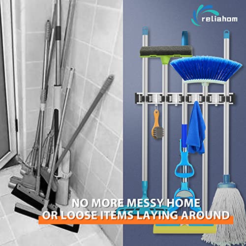 reliahom 2 Pack Broom Holder Mop Hanger Wall Mount Metal Organization Garage Storage System Garden Kitchen Tool Organizer(5 Racks with 4 Hooks, Black)