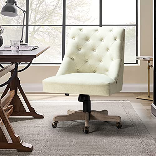 Modern Tufted Armless Home Office Chair, Comfy Upholstered Desk Chair with Vintage Wood Base, Height Adjustable Swivel Computer Task Chair for Living Room Bedroom, Ivory