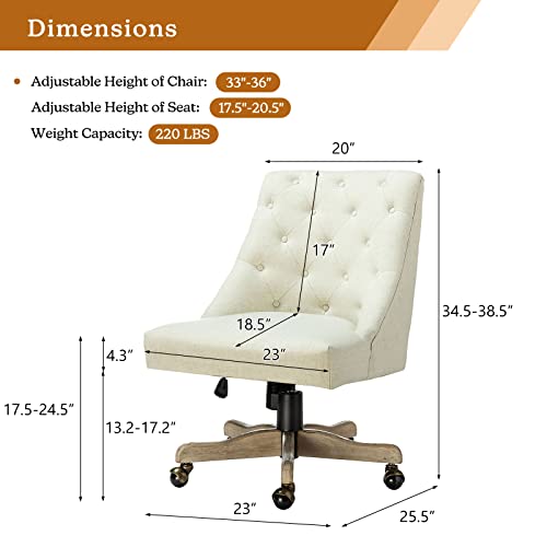 Modern Tufted Armless Home Office Chair, Comfy Upholstered Desk Chair with Vintage Wood Base, Height Adjustable Swivel Computer Task Chair for Living Room Bedroom, Ivory