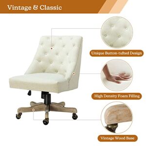 Modern Tufted Armless Home Office Chair, Comfy Upholstered Desk Chair with Vintage Wood Base, Height Adjustable Swivel Computer Task Chair for Living Room Bedroom, Ivory