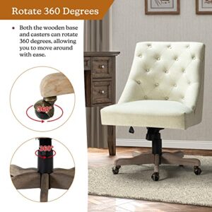 Modern Tufted Armless Home Office Chair, Comfy Upholstered Desk Chair with Vintage Wood Base, Height Adjustable Swivel Computer Task Chair for Living Room Bedroom, Ivory