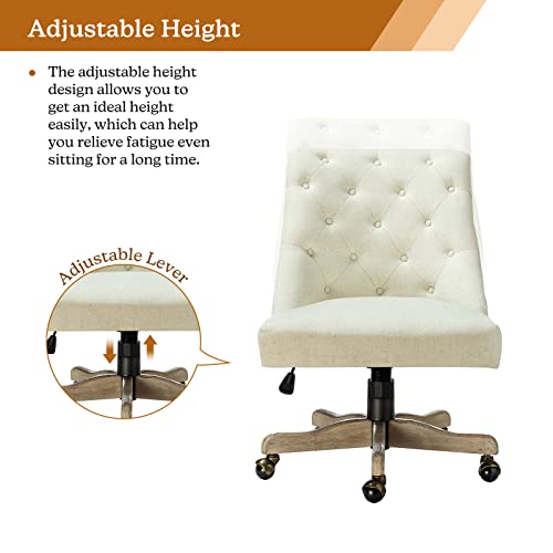 Modern Tufted Armless Home Office Chair, Comfy Upholstered Desk Chair with Vintage Wood Base, Height Adjustable Swivel Computer Task Chair for Living Room Bedroom, Ivory