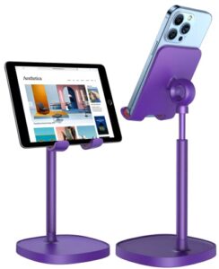 lisen purple cell phone stand, angle height adjustable stable cell phone stand for desk, sturdy aluminum metal phone holder fits iphone 14 pro max samsung kindle all 4''-10'' devices etc…