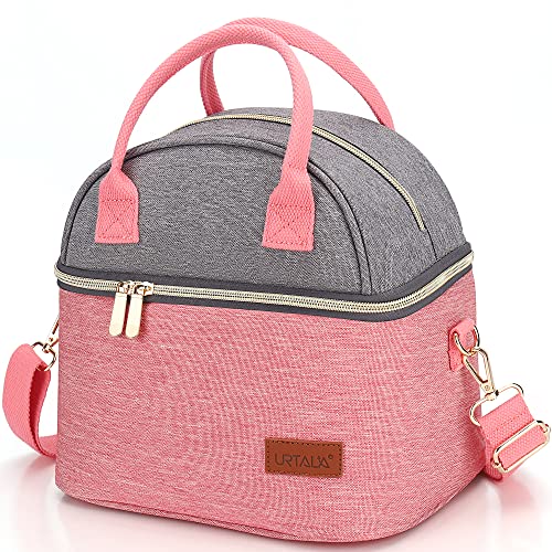 Urtala Insulated Lunch Bag for Women, 9L Dual Compartment Lunch Box with Shoulder Strap, Reusable Cooler Bag for Adult Office Work Outdoor Picnic, Pink Gray