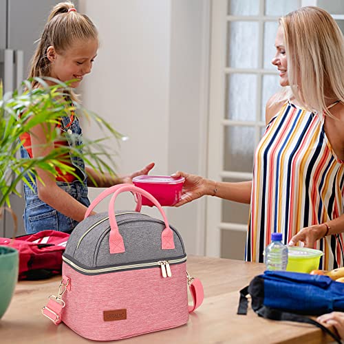 Urtala Insulated Lunch Bag for Women, 9L Dual Compartment Lunch Box with Shoulder Strap, Reusable Cooler Bag for Adult Office Work Outdoor Picnic, Pink Gray