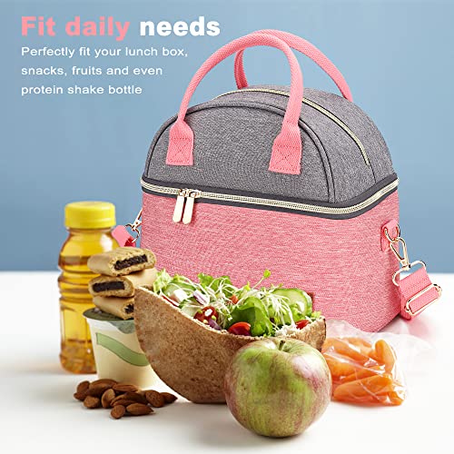 Urtala Insulated Lunch Bag for Women, 9L Dual Compartment Lunch Box with Shoulder Strap, Reusable Cooler Bag for Adult Office Work Outdoor Picnic, Pink Gray