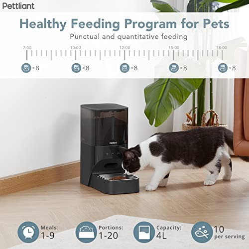 Pettliant Automatic Cat Feeders with APP Control, 2.4G WiFi Automatic Dog Feeder with Stainless Steel Bowl & 30s Voice Recorder, Pet Feeder can Timed to Feed Dogs/Cats up to 9 Meals Per Day - 4L