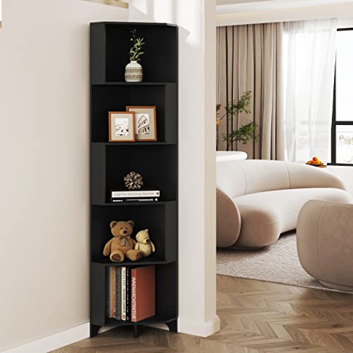 Function Home 5-Tier Corner Shelves, Multifunctional Corner Bookshelf, Wood Display Stand Shelf for Home Office, Living Room,Bedroom, Black