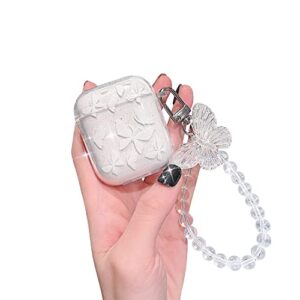ownest compatible for airpods case, cute butterfly pattern clear soft tpu shockproof cover case glitter with keychain for women girls for airpods 2&1-white
