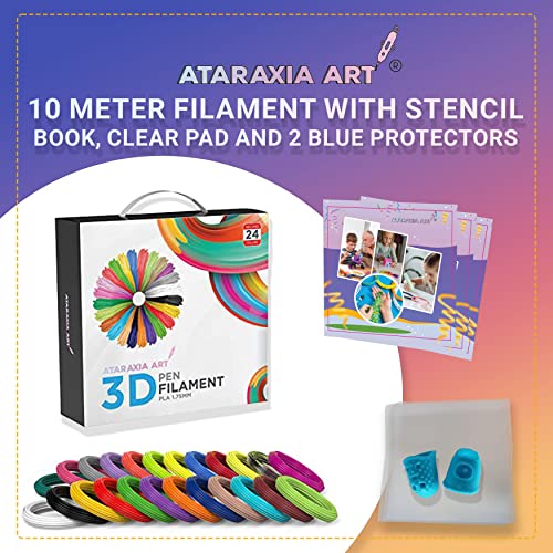 ATARAXIA ART 3D Pen PLA Filament Refill, 24 Colors, Each Color 10m/33 ft, Total 782 feet, 3DPen Filament with Stencils Book, Reusable Colorful 40 Pattern Printing Paper, Clear Pad & 2 Finger Caps