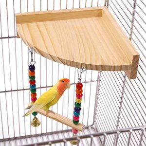 lelepet bird wood perch platform stand, pet bird climbing swing toy, parakeet perches for cage, bird corner shelf, wooden flat perch for cockatiel budgie conure parrot, funny bird cage perch with bell