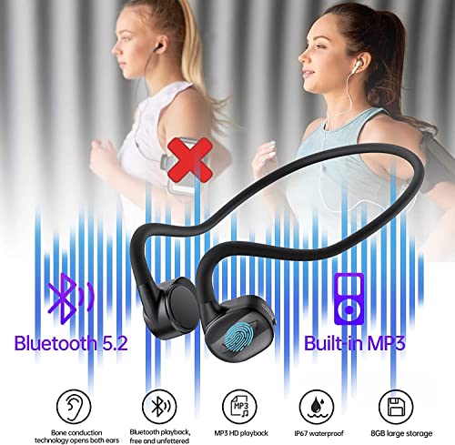 Bone Conduction Headphones, RALYIN MP3 Player, IPX7 Waterproof Headphones with Built-in 8G Memory/Microphone, Open Headphones Wireless Sports Bluetooth Headphones, Suitable for Work, Running, Driving