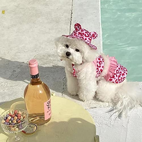 MuYaoPet Leopard Dog Bikini Beach Swimsuit with Dog Hat Swimming Cap Puppy Bathing Dress Suit Summer Pet Clothes Cat Costumes for Small Dog (Large, Pink)