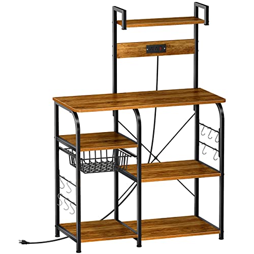 Mr IRONSTONE Kitchen Bakers Rack with Power Outlet, Microwave Cart for Kitchen with Storage, 4 Tiers Microwave Oven Stand with Storage Cabinet and 10 Hooks, Coffee Bar Station, Vintage