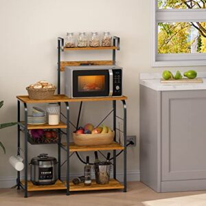 Mr IRONSTONE Kitchen Bakers Rack with Power Outlet, Microwave Cart for Kitchen with Storage, 4 Tiers Microwave Oven Stand with Storage Cabinet and 10 Hooks, Coffee Bar Station, Vintage