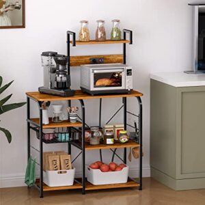 Mr IRONSTONE Kitchen Bakers Rack with Power Outlet, Microwave Cart for Kitchen with Storage, 4 Tiers Microwave Oven Stand with Storage Cabinet and 10 Hooks, Coffee Bar Station, Vintage