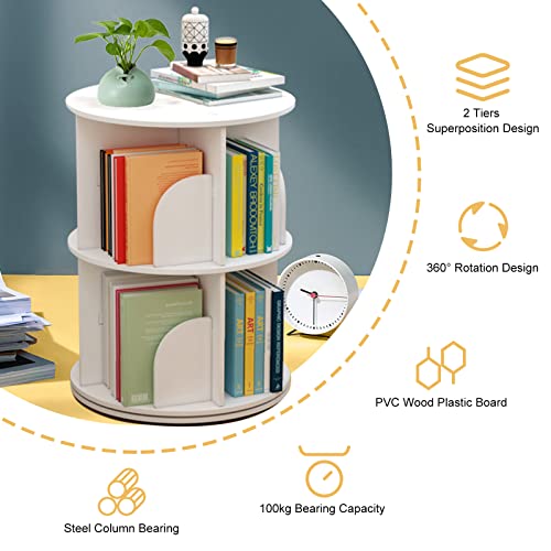 BJTDLLX Rotating Bookshelf, 2 Tiers Freestanding Storage Shelf, 360° Rotating White Bookshelf Round Bookcase Magazines A4 Papers Organizer, for Home Office Living Room 15.7x15.7x23.6in, White 2 Tiers
