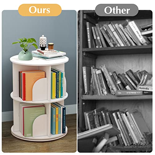 BJTDLLX Rotating Bookshelf, 2 Tiers Freestanding Storage Shelf, 360° Rotating White Bookshelf Round Bookcase Magazines A4 Papers Organizer, for Home Office Living Room 15.7x15.7x23.6in, White 2 Tiers