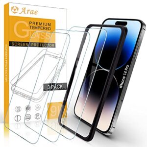 arae screen protector for iphone 14 pro, hd tempered glass anti scratch work with most case, 6.1 inch, 3 pack