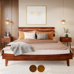 bme caden 15 inch deluxe bed frame with adjustable headboard - mid century, retro style with acacia wood - no box spring needed - 12 strong wood slat support - easy assembly - dark chocolate, king